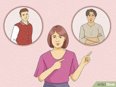A visualization of a woman thinking of two different men (pictured above her), and pointing to one of them.