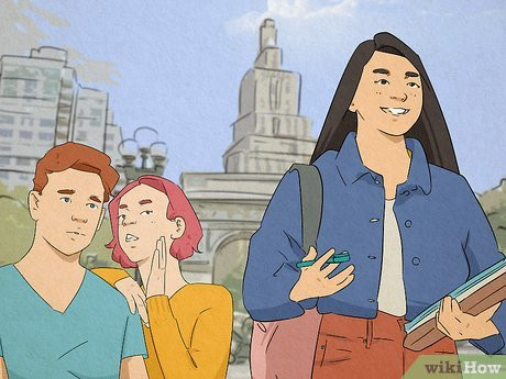 Illustration of a girl walking with two people whispering behind her.